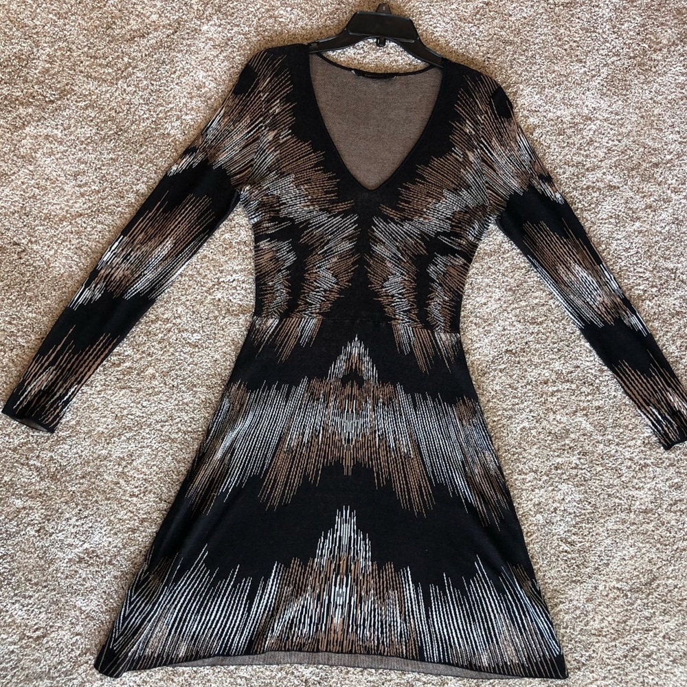 BCBGMaxAzria Black and Brown Patterned Long Sleeve Dress